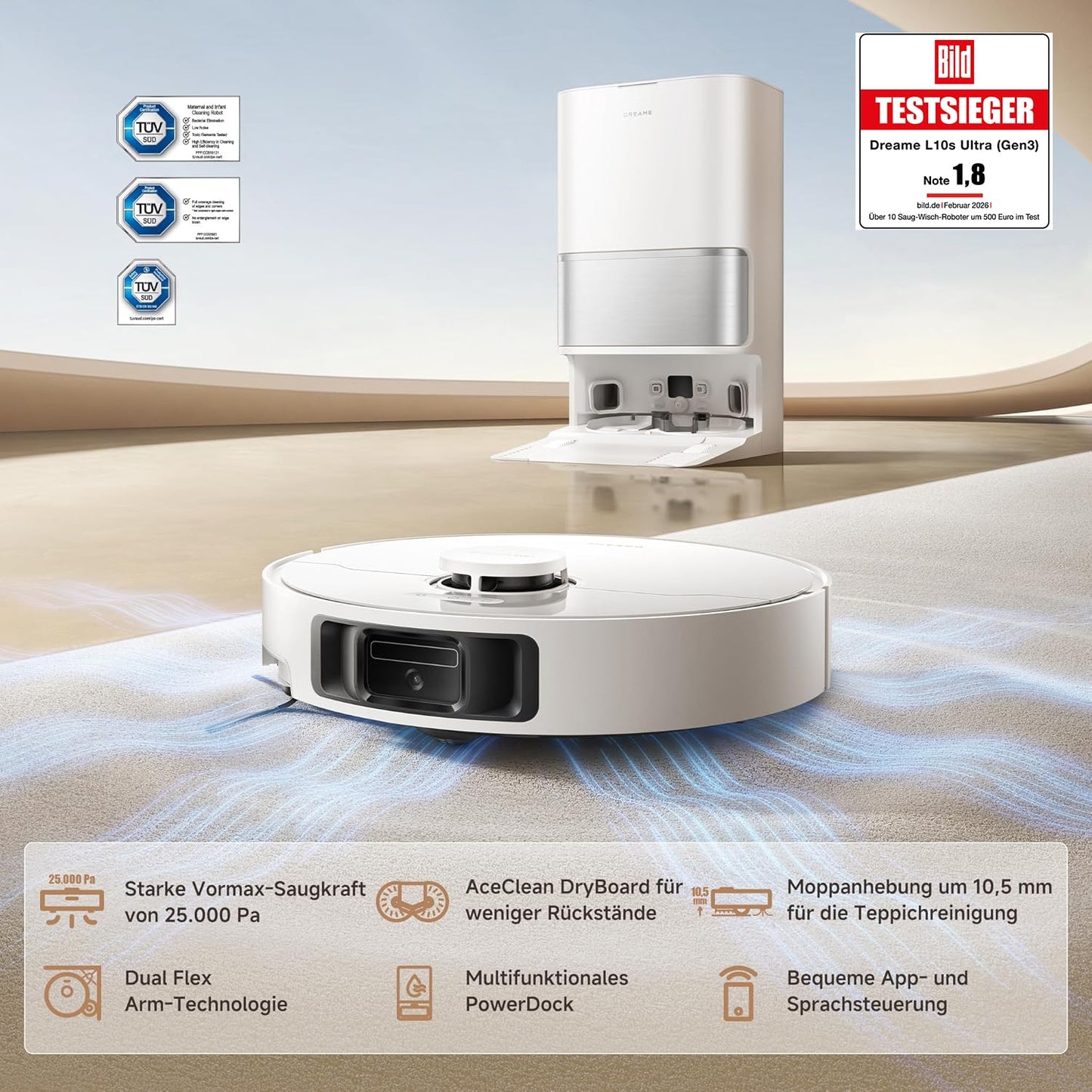 Dreame L10s Ultra Gen 3 Saugroboter mit Wischfunktion, 25000 Pa